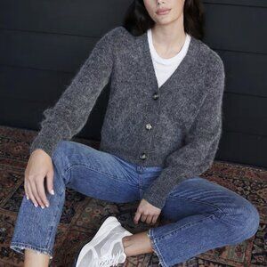 Quince Merino Wool Baby Alpaca Cropped Cardigan Charcoal Grey Button Ribbed XL